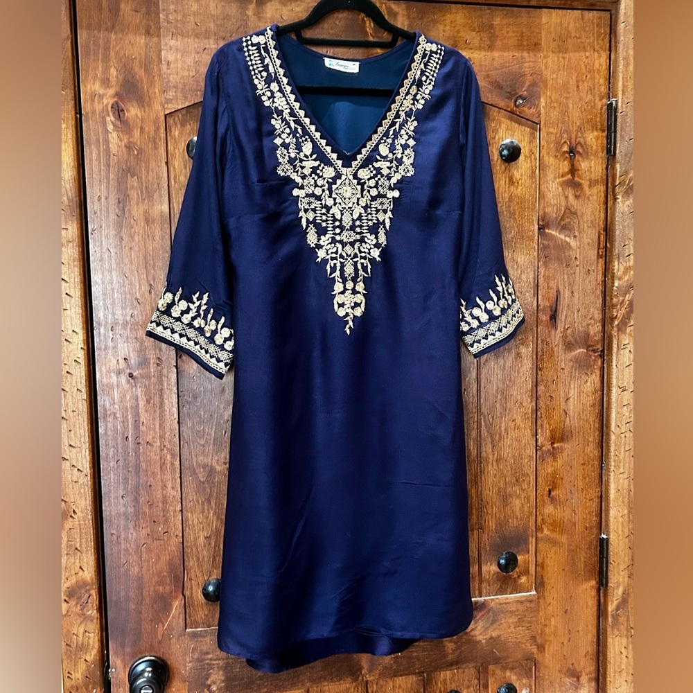 Lapogee Navy Blue Dress with Gold Embroidery, Size M
